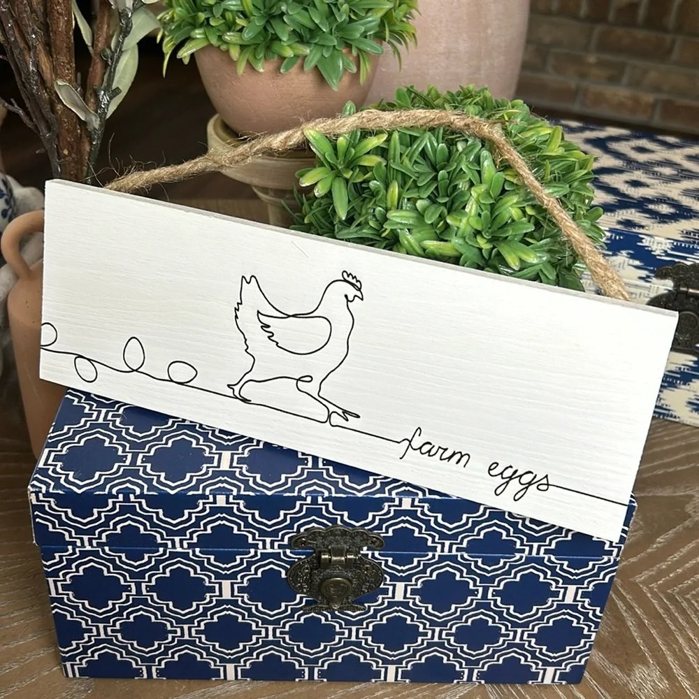 NEW! Modern Farmhouse Black & White Rooster Chicken Farm Eggs Wood & Jute Sign